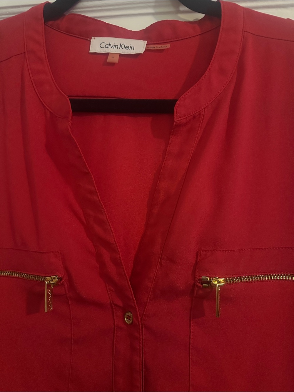 Calvin Klein Red Long-Sleeve Button-Down Shirt with Gold Zippers - Picture 2 of 3